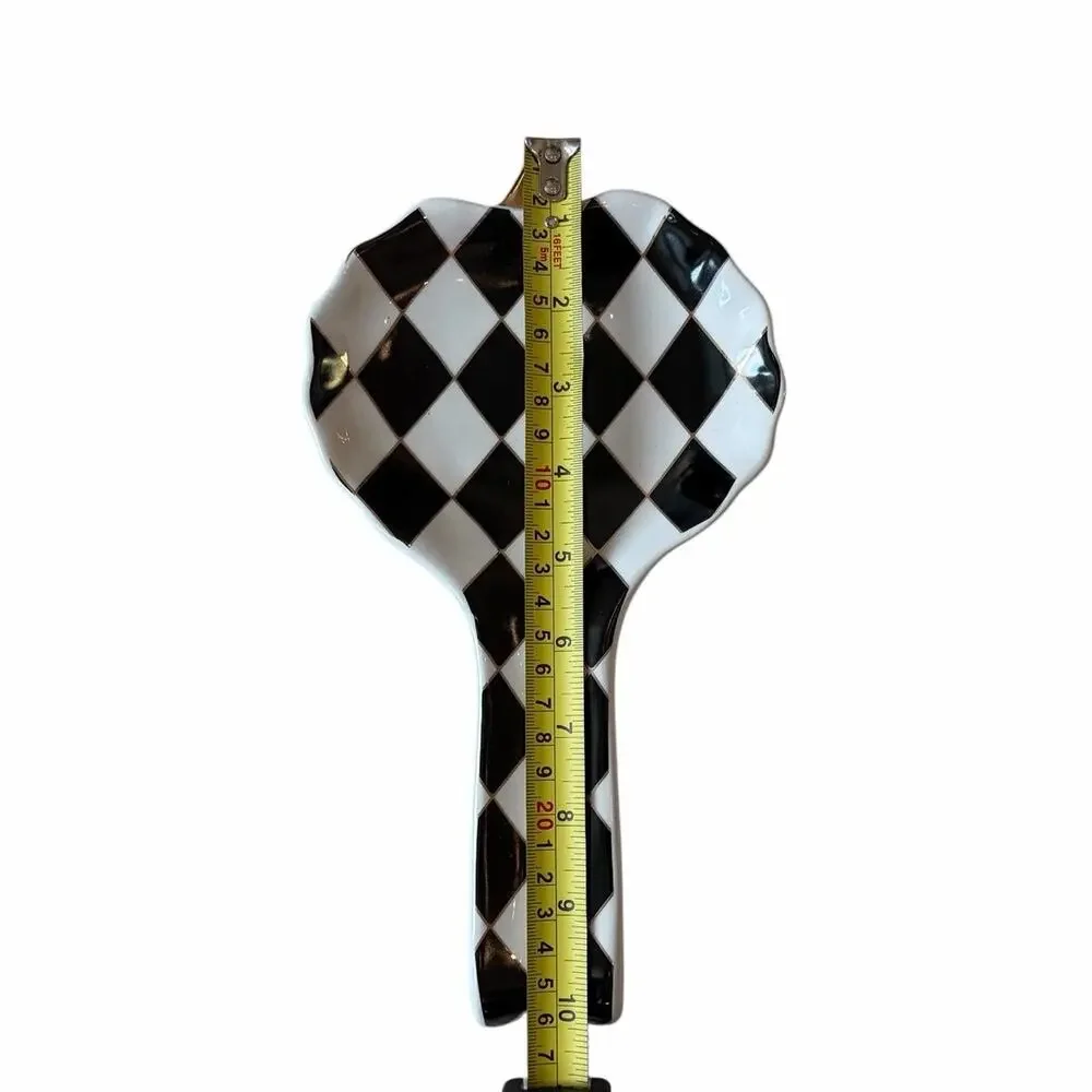 Black & White Harlequin Pumpkin Spoon Rest 10in Ceramic Checkered Halloween NEW